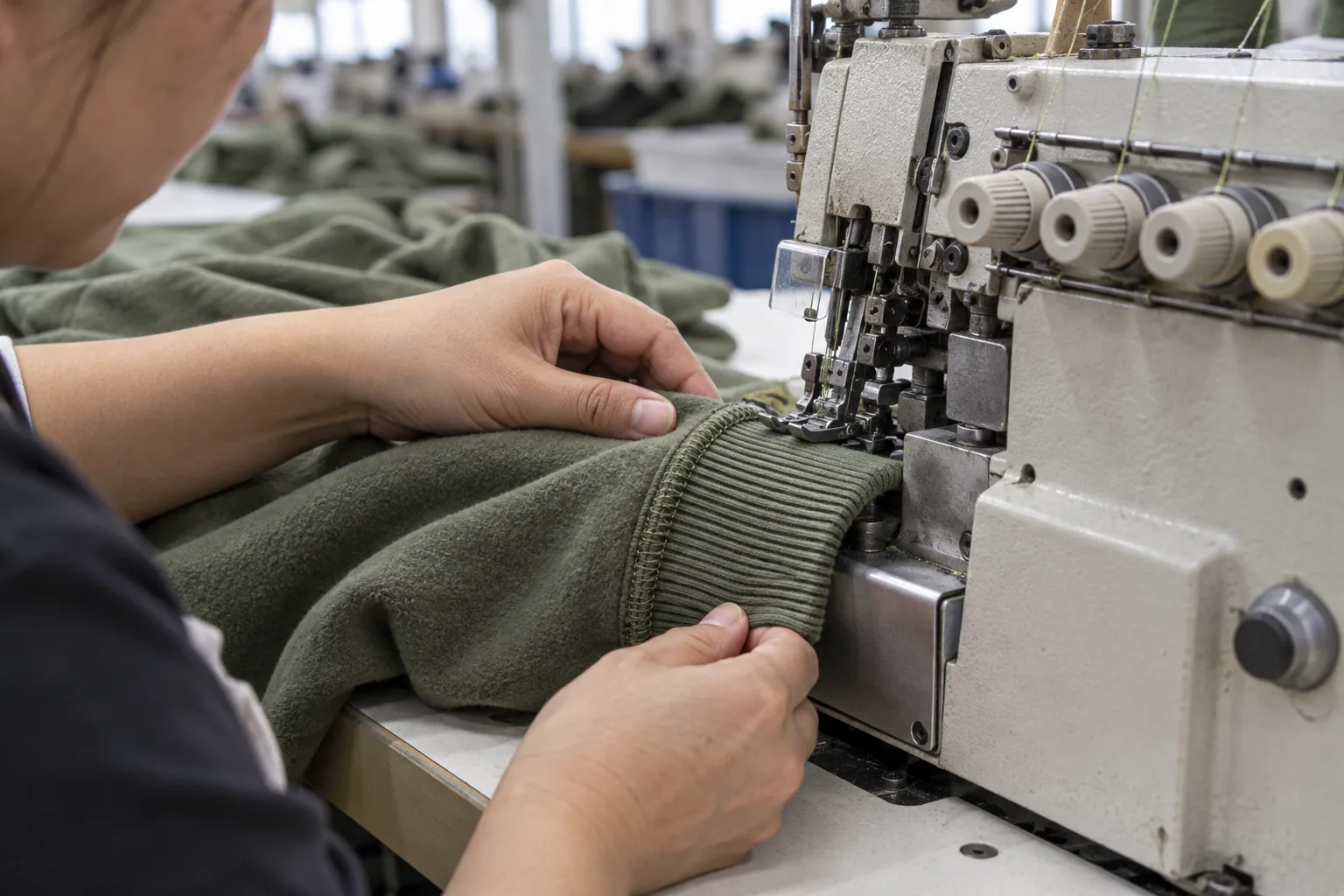 Operator attaching a rib cuff to a fleece sleeve at an industrial sewing machine