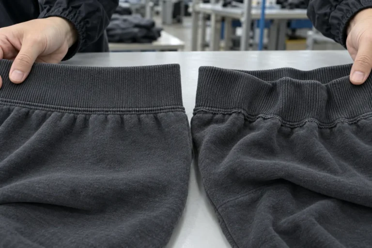 Photorealistic apparel factory QC documentary photograph, technician hands comparing two charcoal hoodie waistbands afte