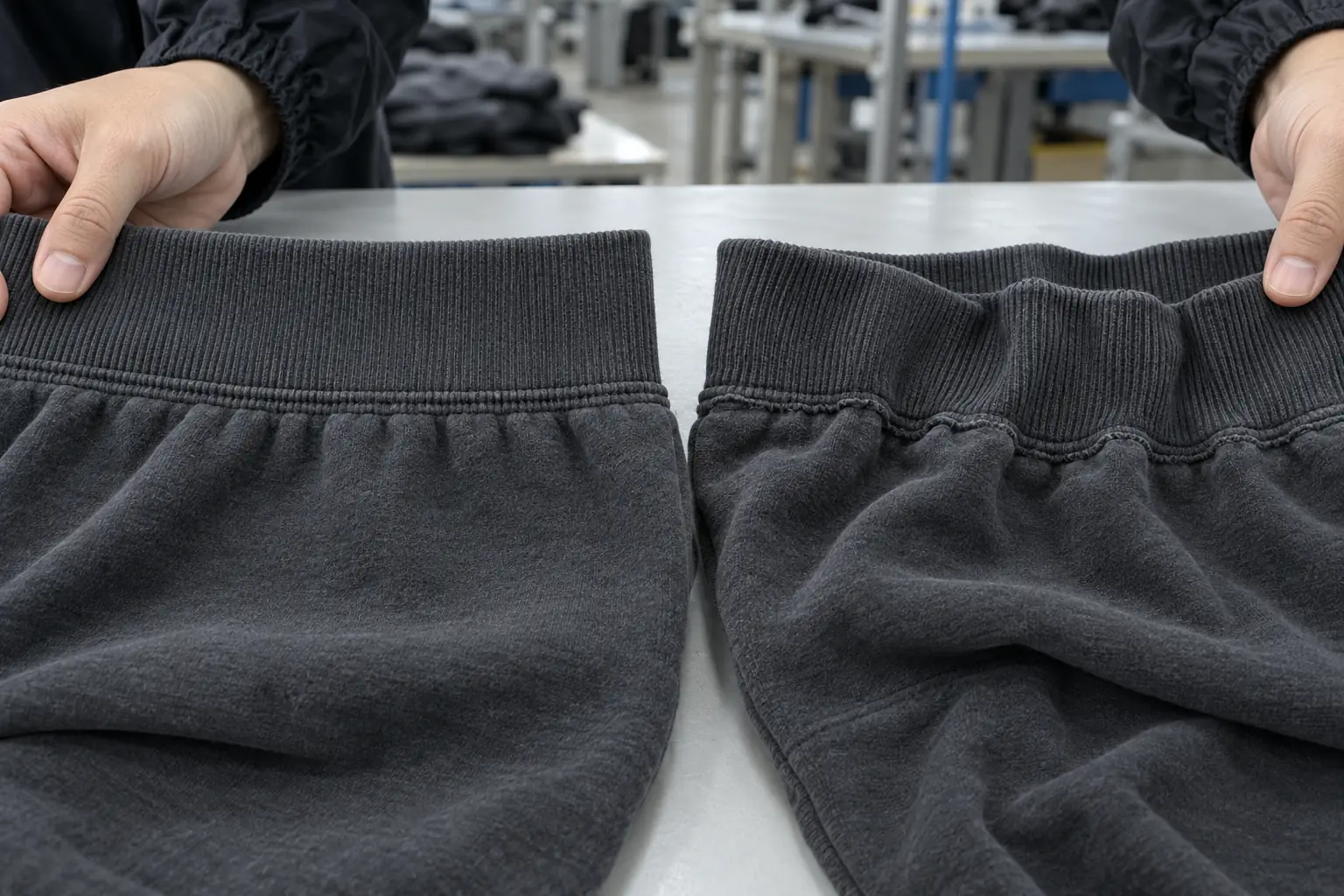 Photorealistic apparel factory QC documentary photograph, technician hands comparing two charcoal hoodie waistbands afte