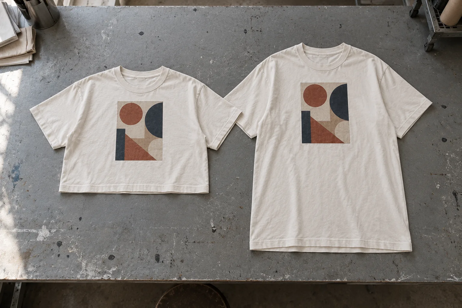 Short wide and longer oversized jersey tees compared with graphic placement mockups on a sampling table