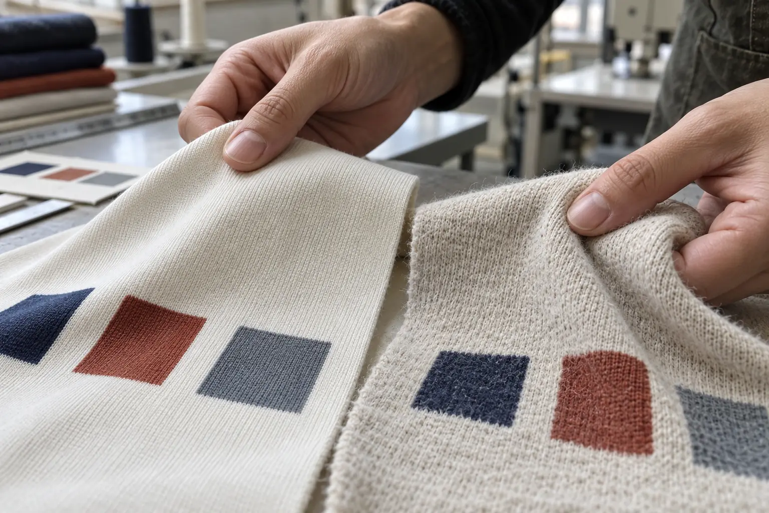 Close inspection of jersey swatches with different surface textures and anonymous print test patches
