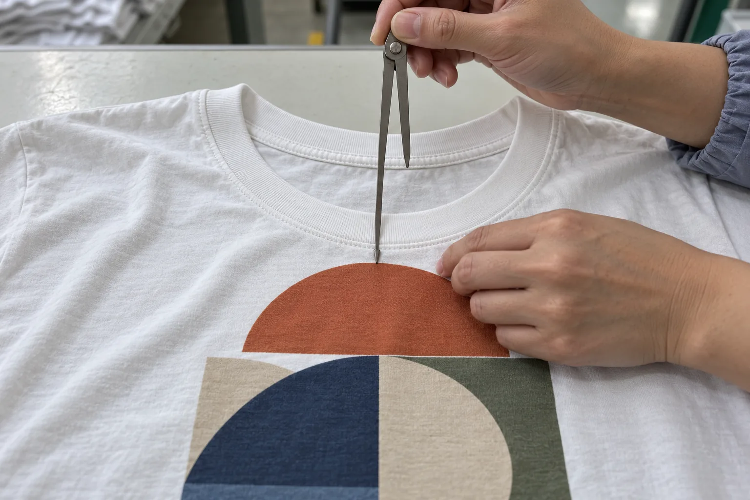 Technician measuring a printed jersey sample from the neckline and garment centerline