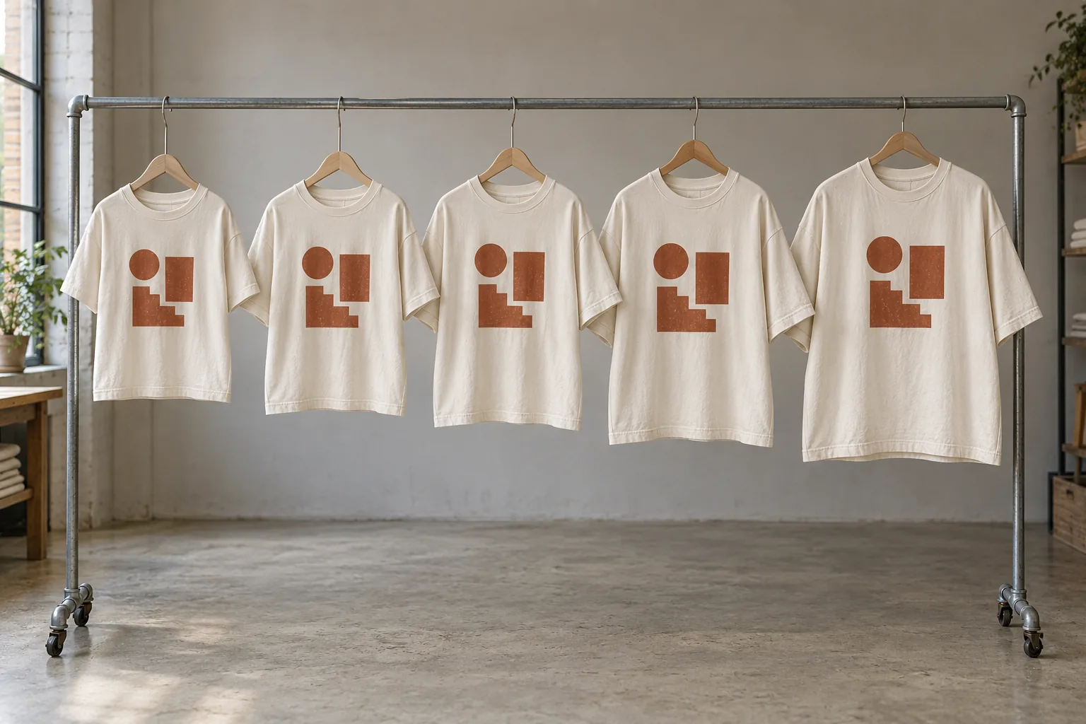 Finished printed tees in several sizes hanging for comparison of graphic proportions