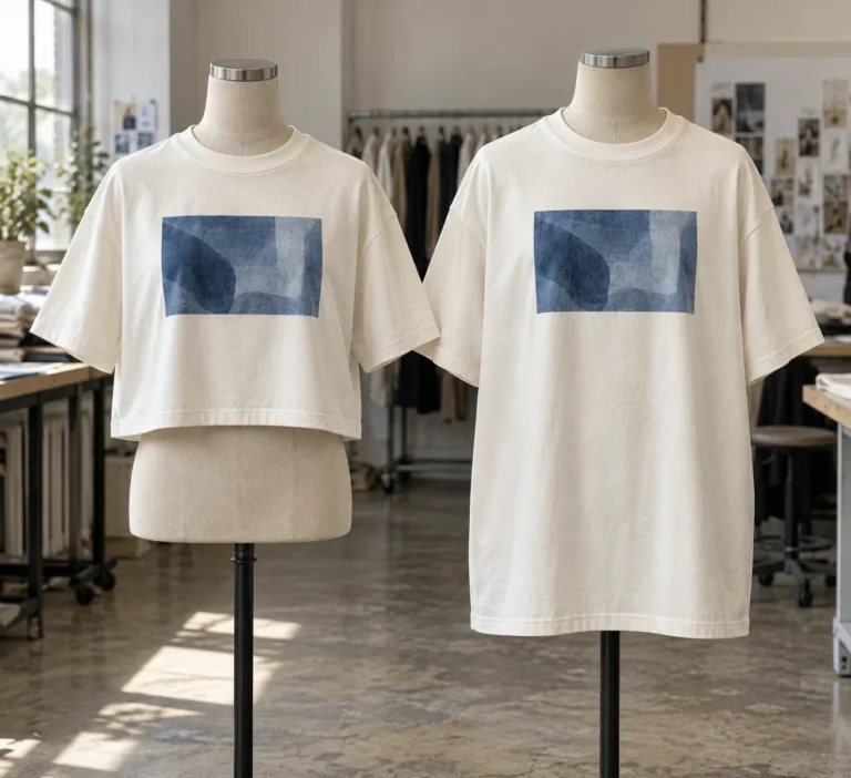 Photorealistic apparel documentary photograph of two finished cotton jersey T-shirts on adjacent neutral dress forms, on