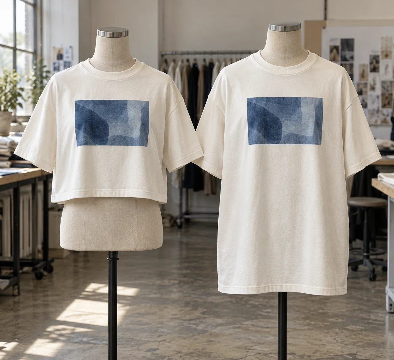 Photorealistic apparel documentary photograph of two finished cotton jersey T-shirts on adjacent neutral dress forms, on