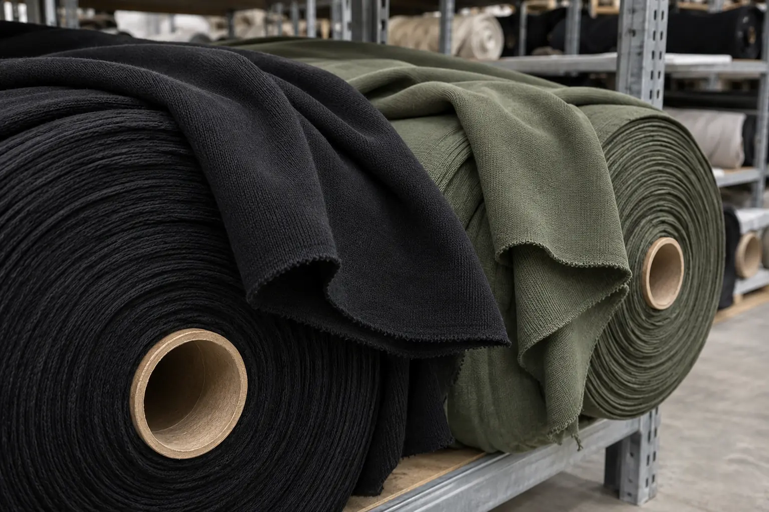 Black and muted green heavyweight jersey fabric rolls with matching swatches