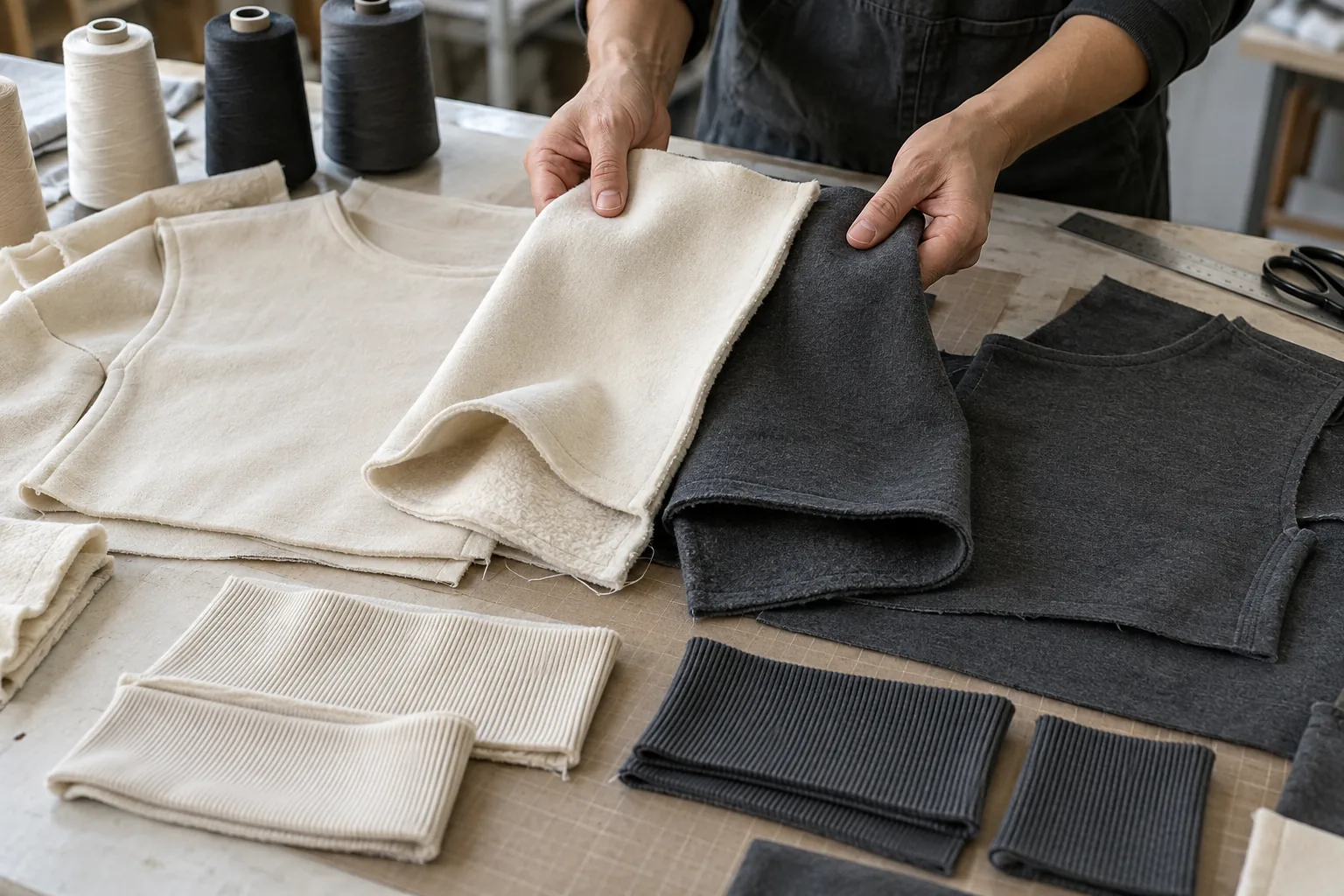 Sampling table with pale and dark sweatshirt panels, rib swatches, and thread cones