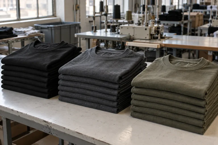 Photorealistic apparel factory documentary photograph of finished heavyweight streetwear tees in black, charcoal, and mu