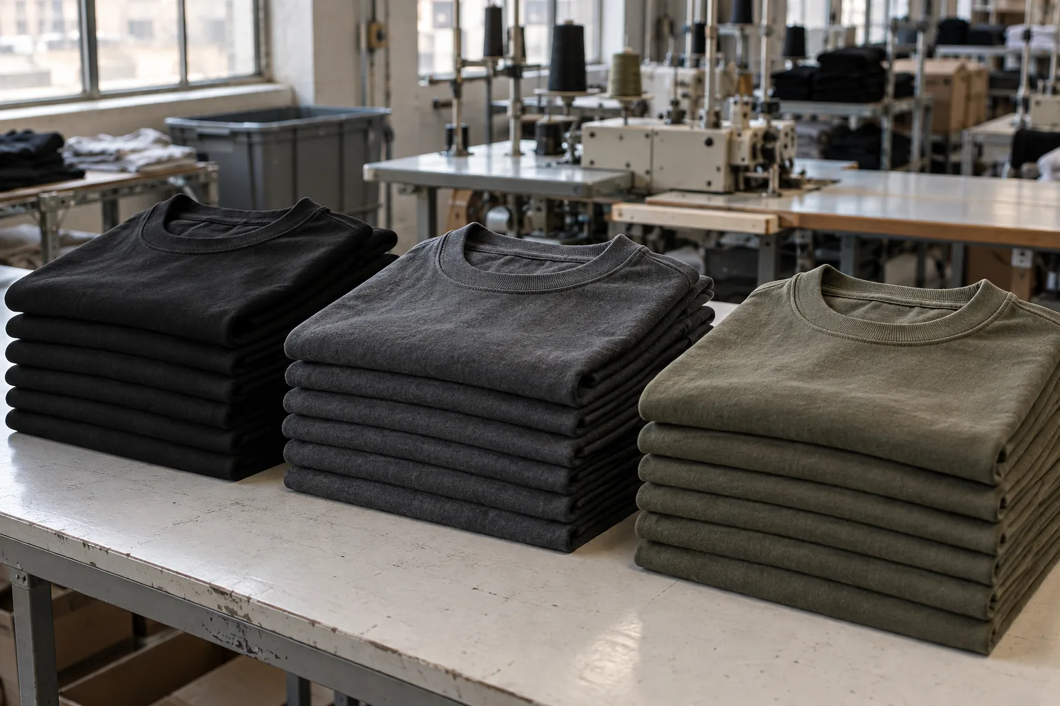 Photorealistic apparel factory documentary photograph of finished heavyweight streetwear tees in black, charcoal, and mu