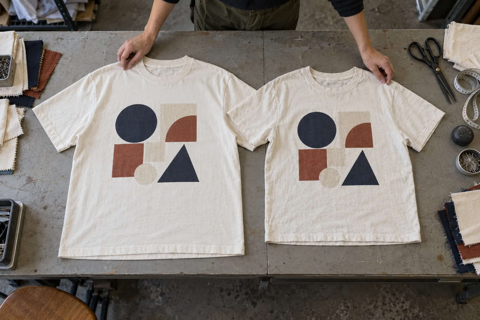 Unwashed and washed boxy tees compared on a garment sampling table