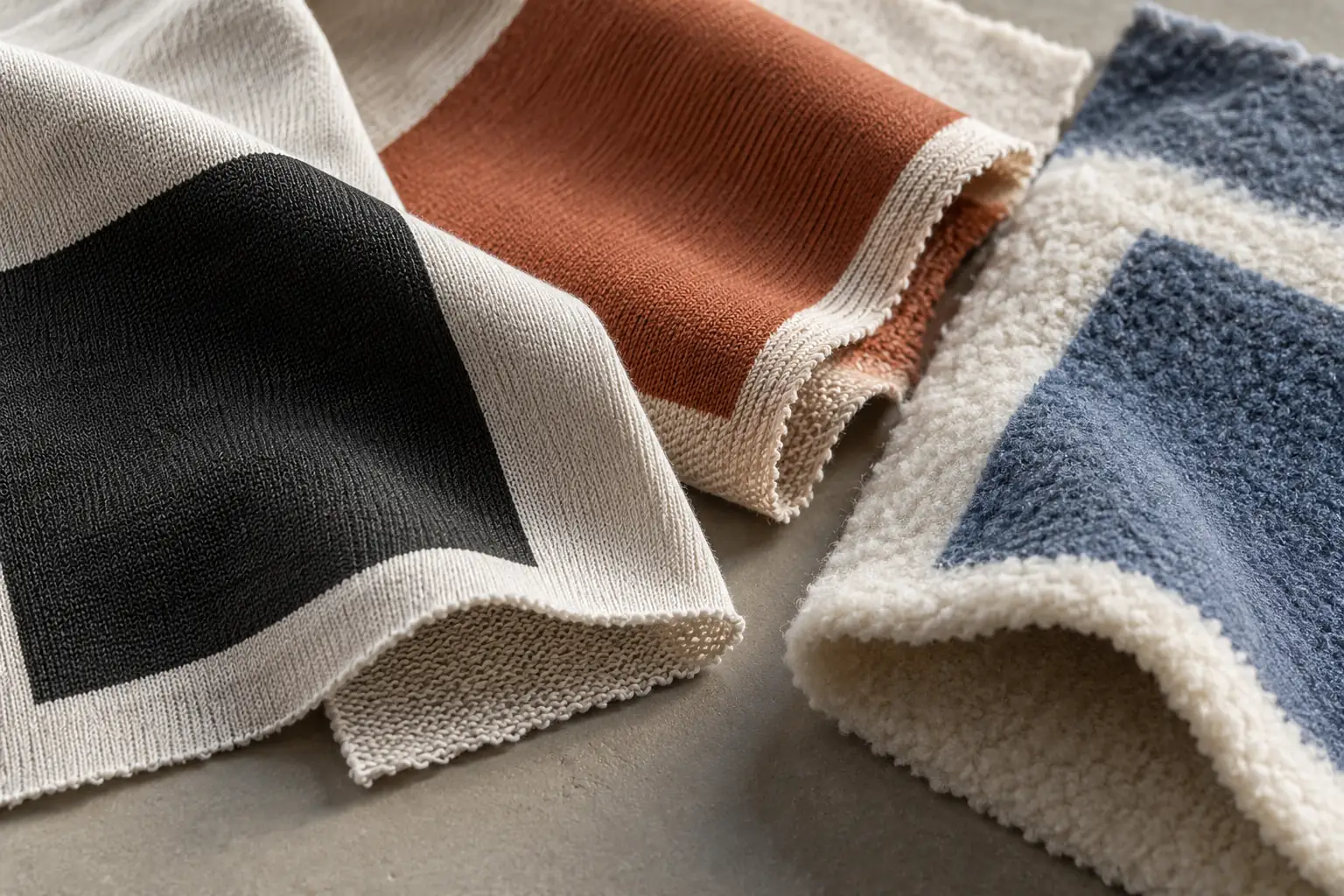 Printed jersey and fleece swatches showing different fabric surfaces