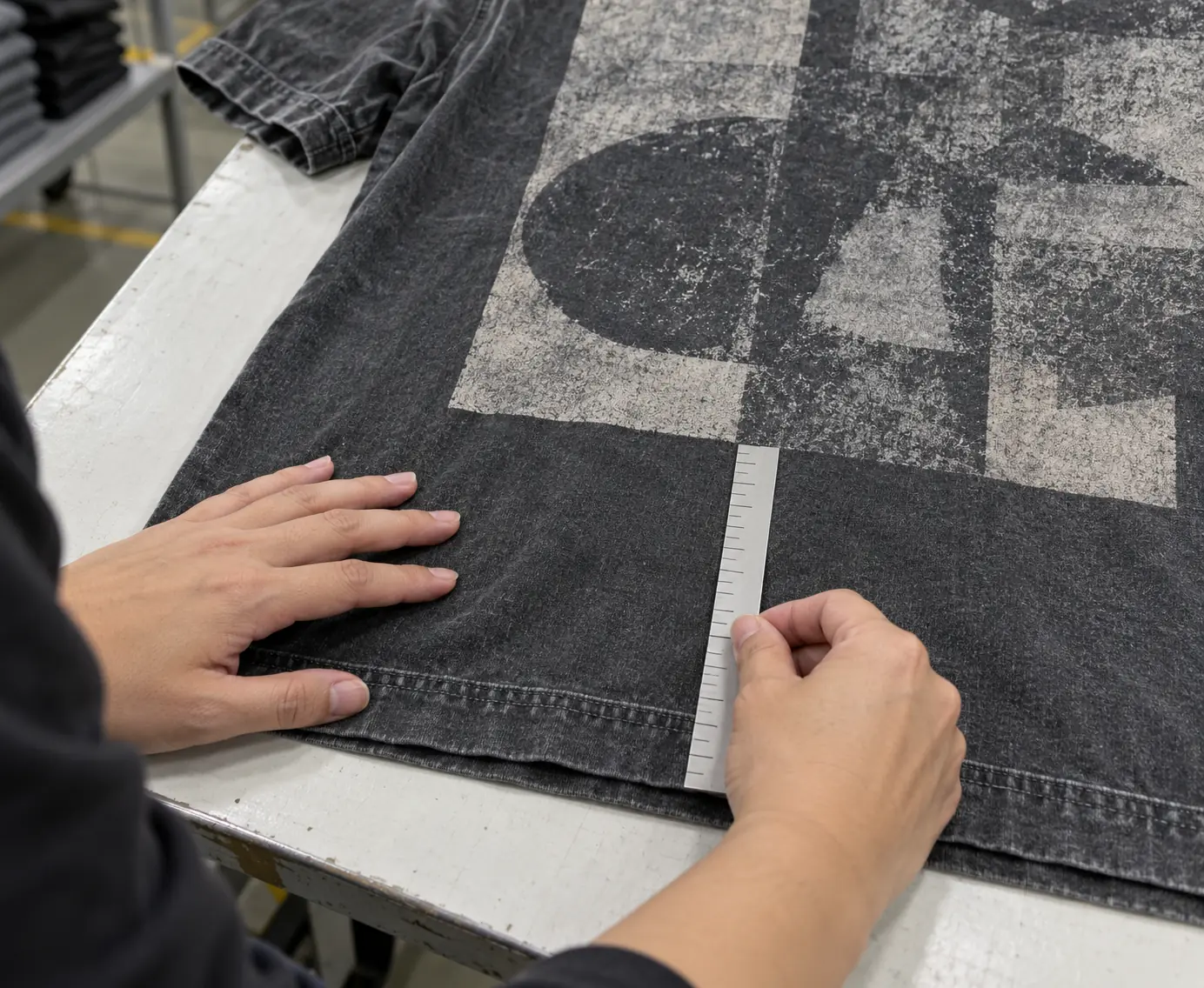 Quality inspector checking print-to-hem clearance on a washed boxy tee