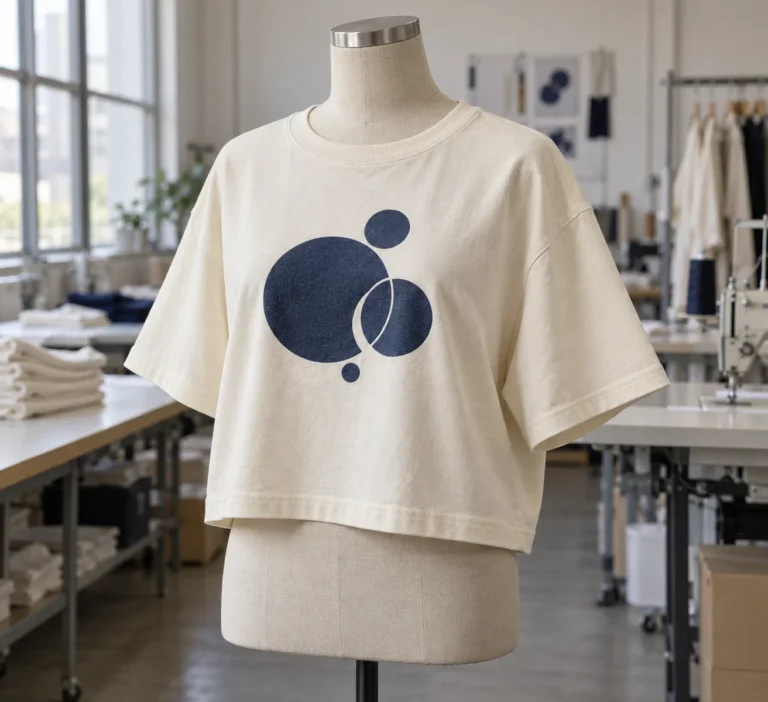 Photorealistic factory documentary photograph of a finished cream boxy cropped tee on a dress form, abstract navy circul