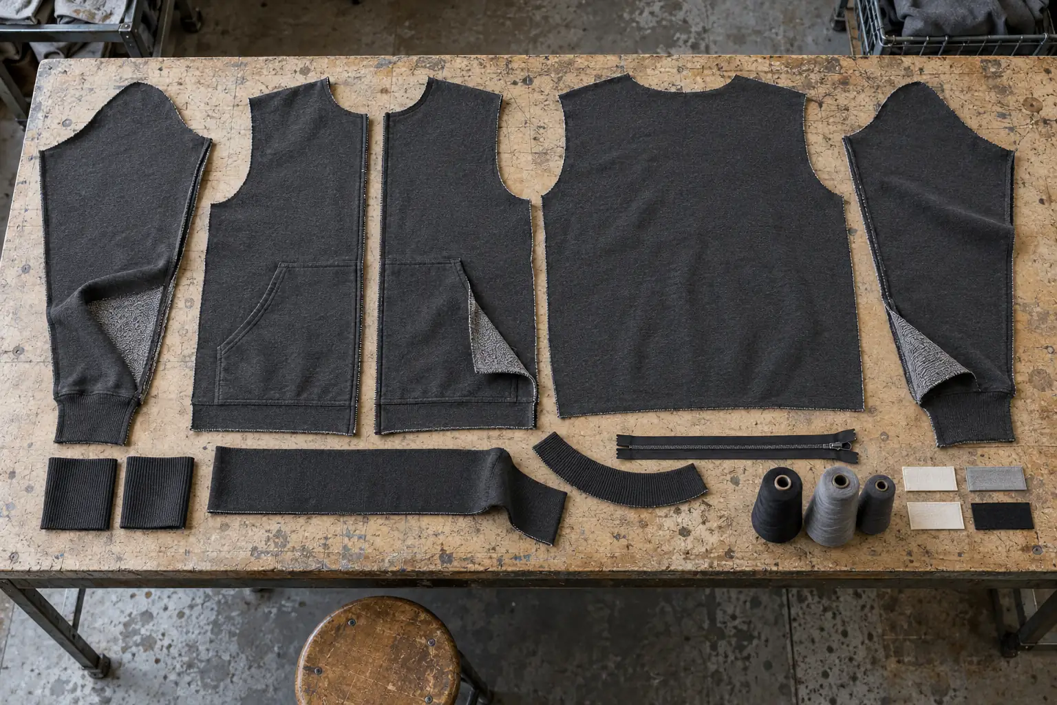 Quarter-zip sweatshirt components arranged separately on a sampling table