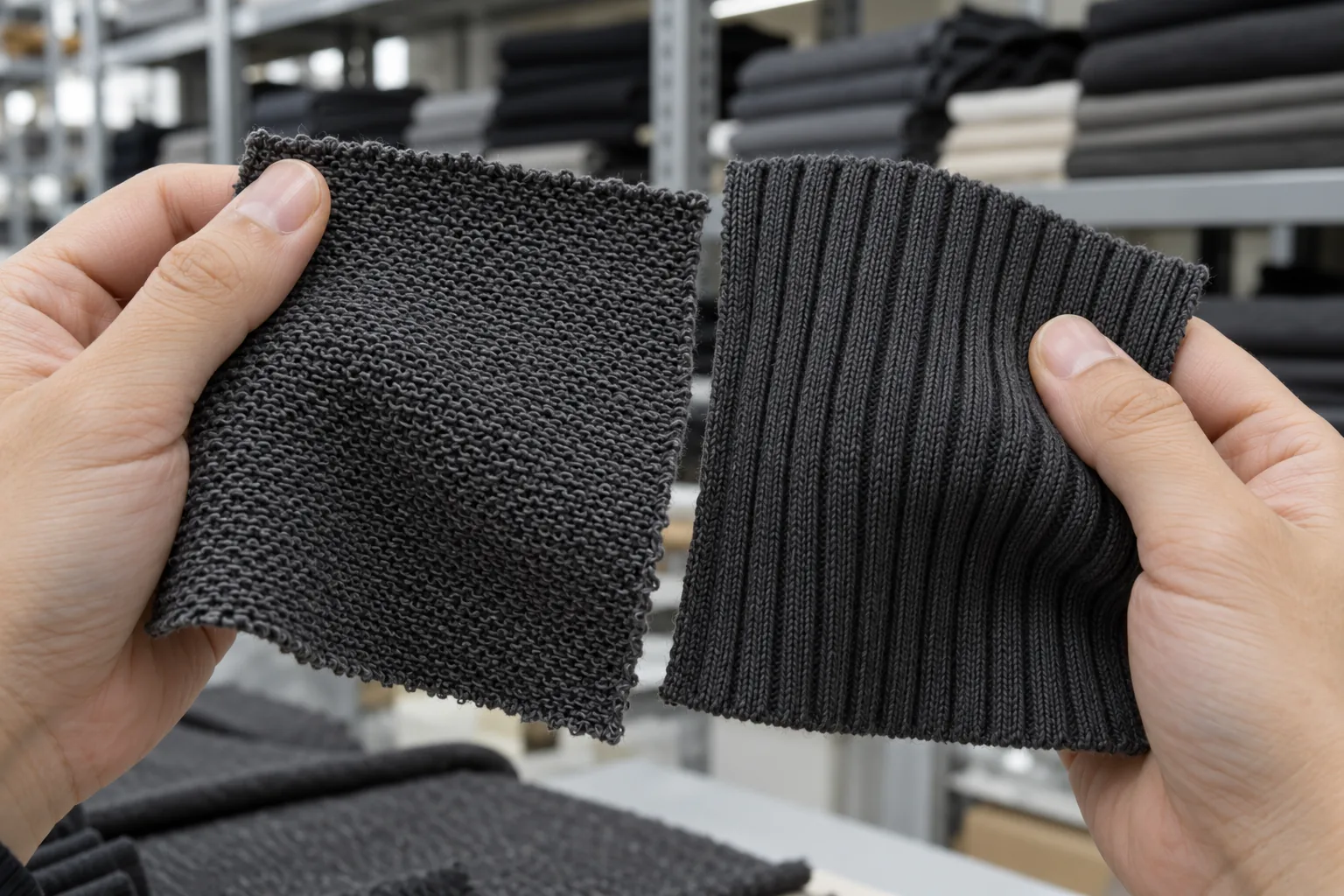 Loopback fabric and rib swatches examined together under neutral light