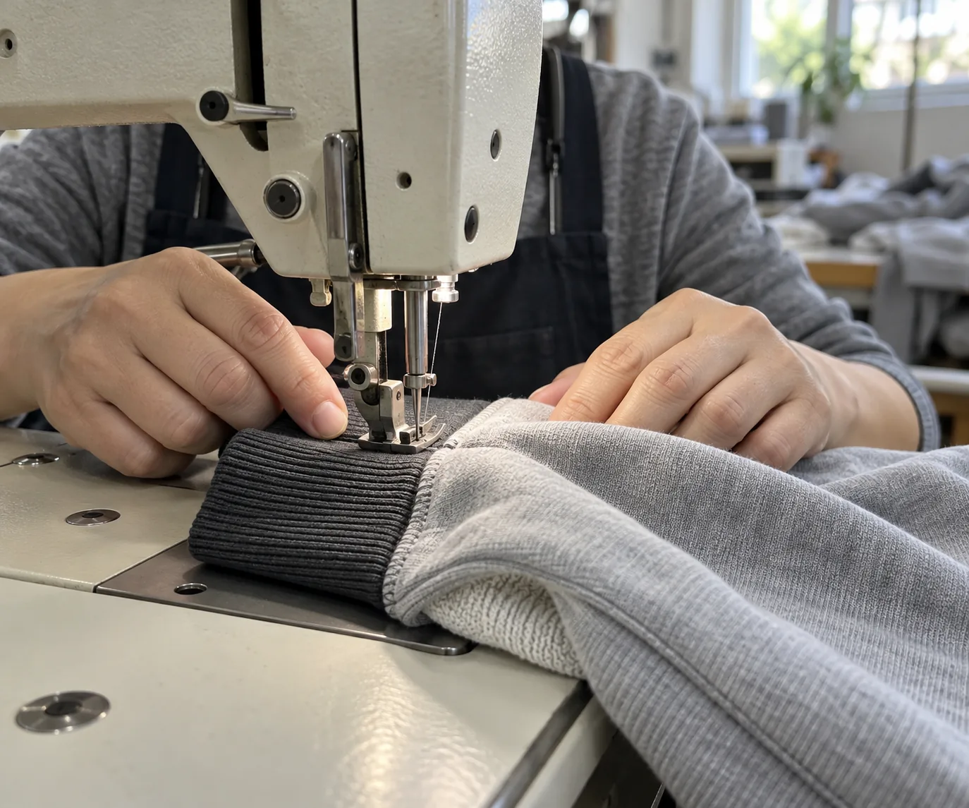 Sewing operator joining a rib cuff to a loopback sweatshirt sleeve