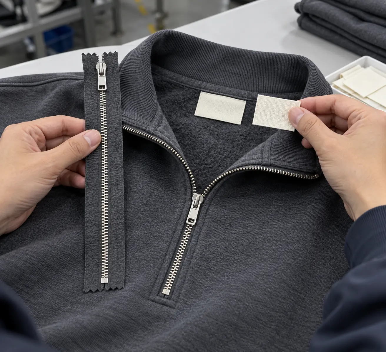 Inspector comparing an installed zipper and neck label against retained physical samples