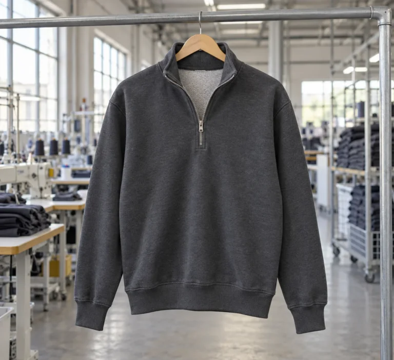 Photorealistic apparel factory documentary photograph of a finished charcoal quarter-zip loopback sweatshirt hanging on