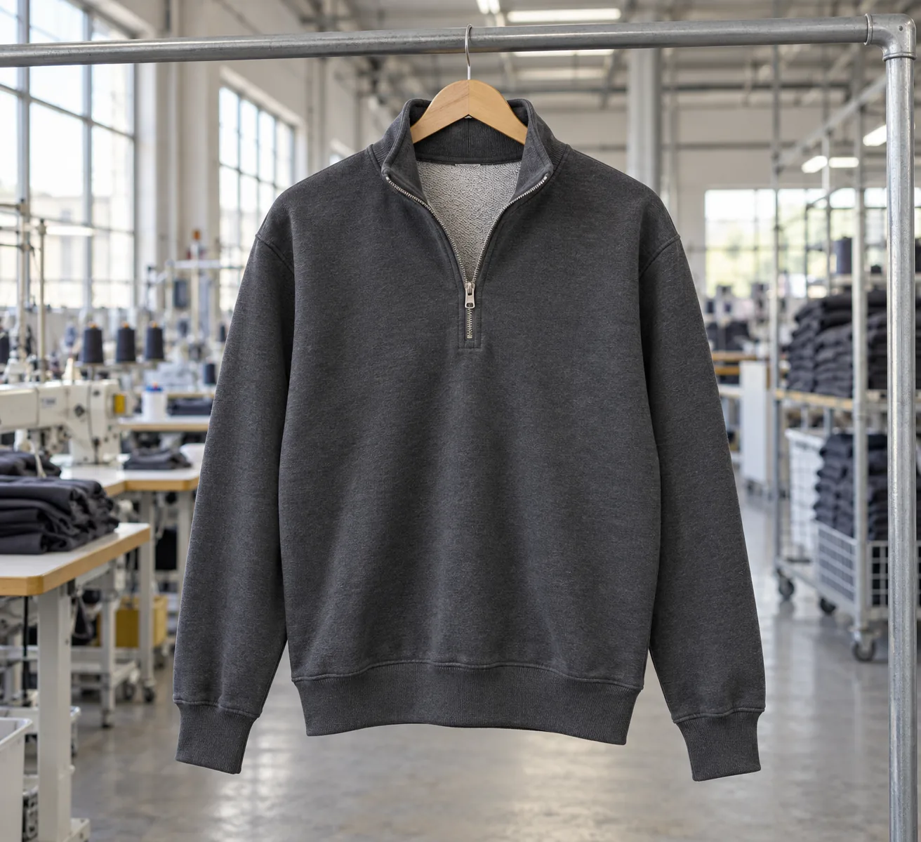 Photorealistic apparel factory documentary photograph of a finished charcoal quarter-zip loopback sweatshirt hanging on