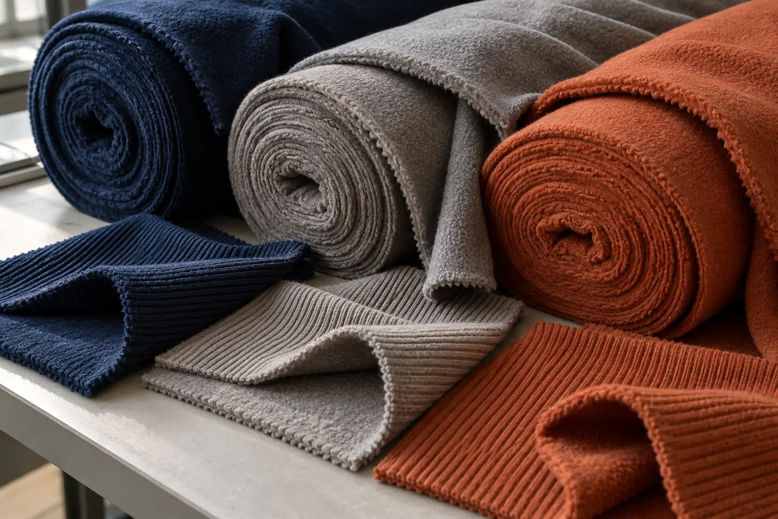 Different fabric shades arranged beside coordinating rib swatches