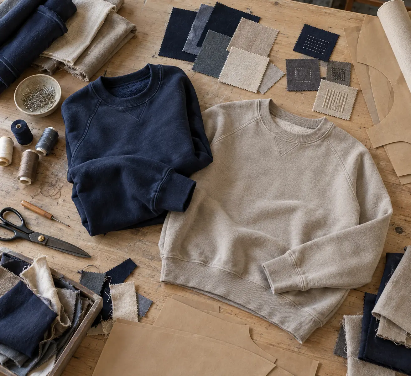 Sample sweatshirts and fabric references arranged on a development table