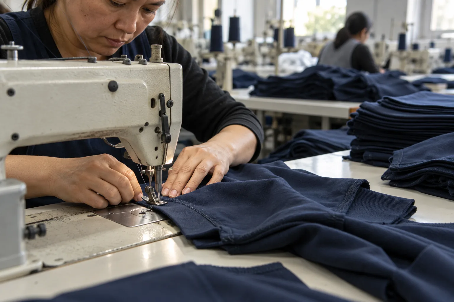 Sewing operator joining sweatshirt panels from a single color bundle
