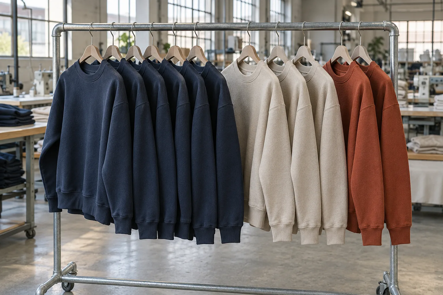 Photorealistic apparel factory documentary photograph of finished blank sweatshirts in navy, stone, and rust on a garmen