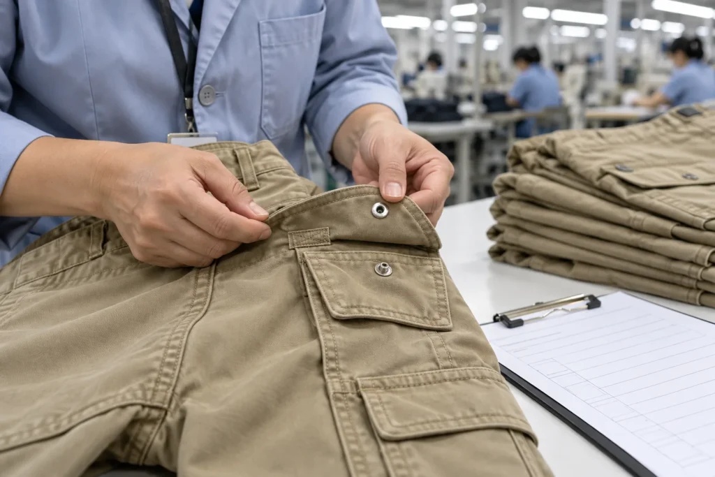 Quality inspector checking bar tack stitching and a metal snap on a sand-colored cargo pocket flap