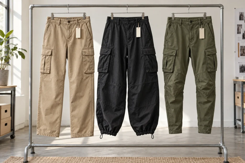 Three cargo pant samples on a rail: straight khaki twill, baggy black ripstop with elastic hems, and tapered olive utility pants