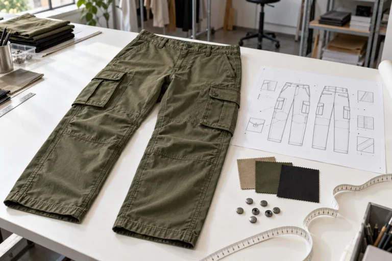Olive twill men's cargo pants laid flat beside a technical flat sketch, fabric swatches, snap buttons and measuring tape