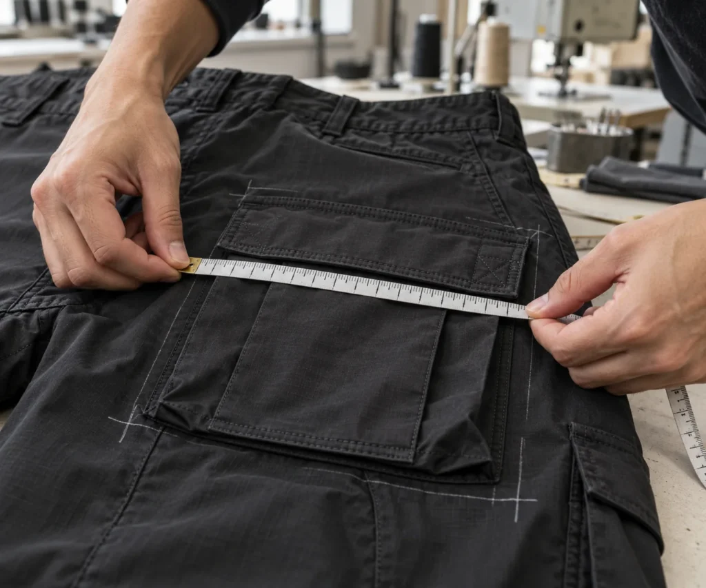 Technician measuring a bellows cargo pocket with flap on black cargo pants with a tape measure